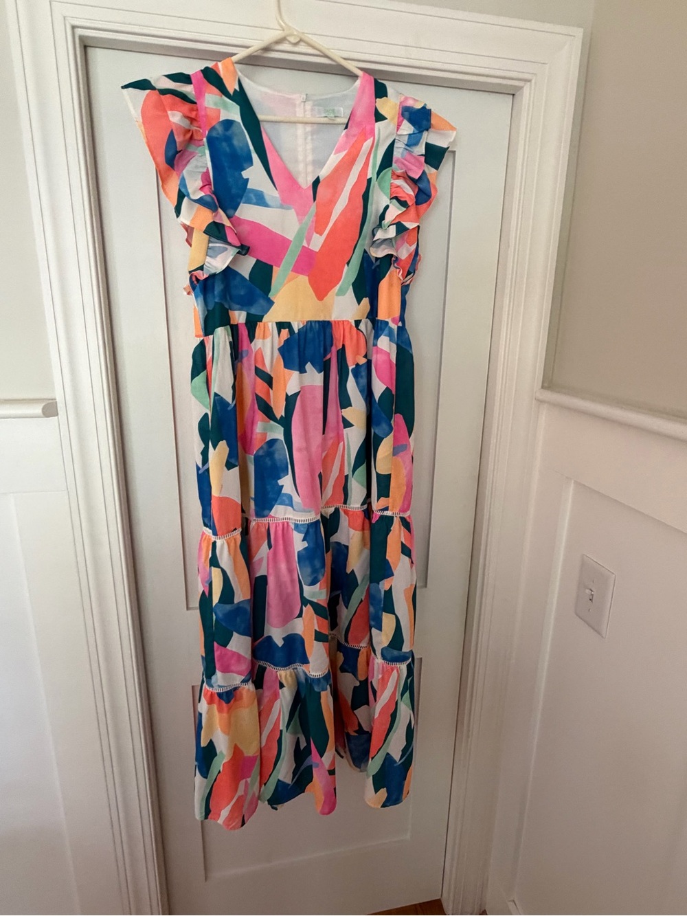 Jade V-Neck Tiered Dress in Pink, Teal & White